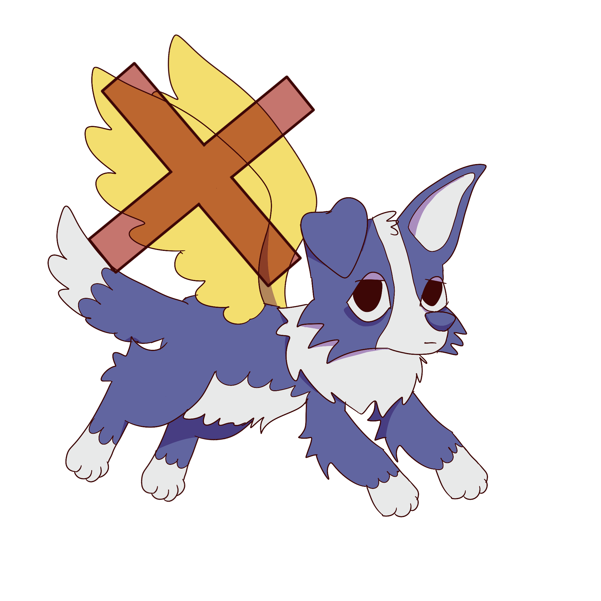  a blue dog with wings that have a red x over them. the dog looks tired.